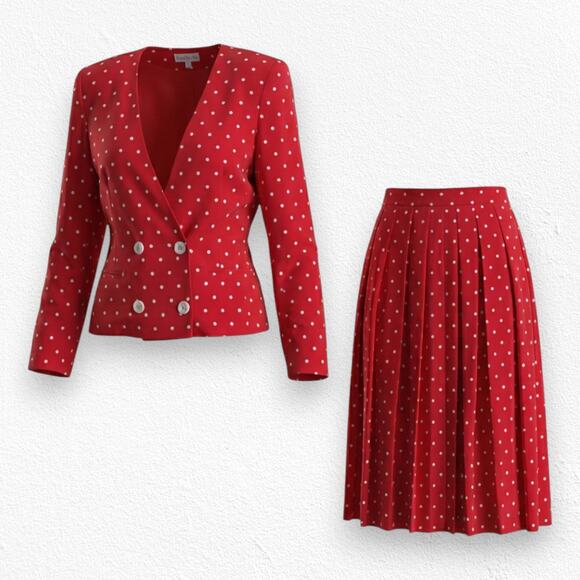 1980s Vintage David Brooks Red White Polka Dot Retro Career Skirt Suit Size 2 - Picture 1 of 16